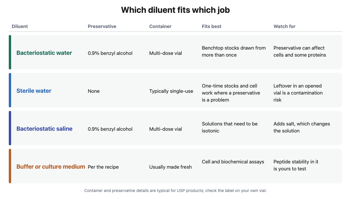 Comparison of bacteriostatic water, sterile water, bacteriostatic saline and buffer or culture medium by preservative, container type, best use and what to watch for