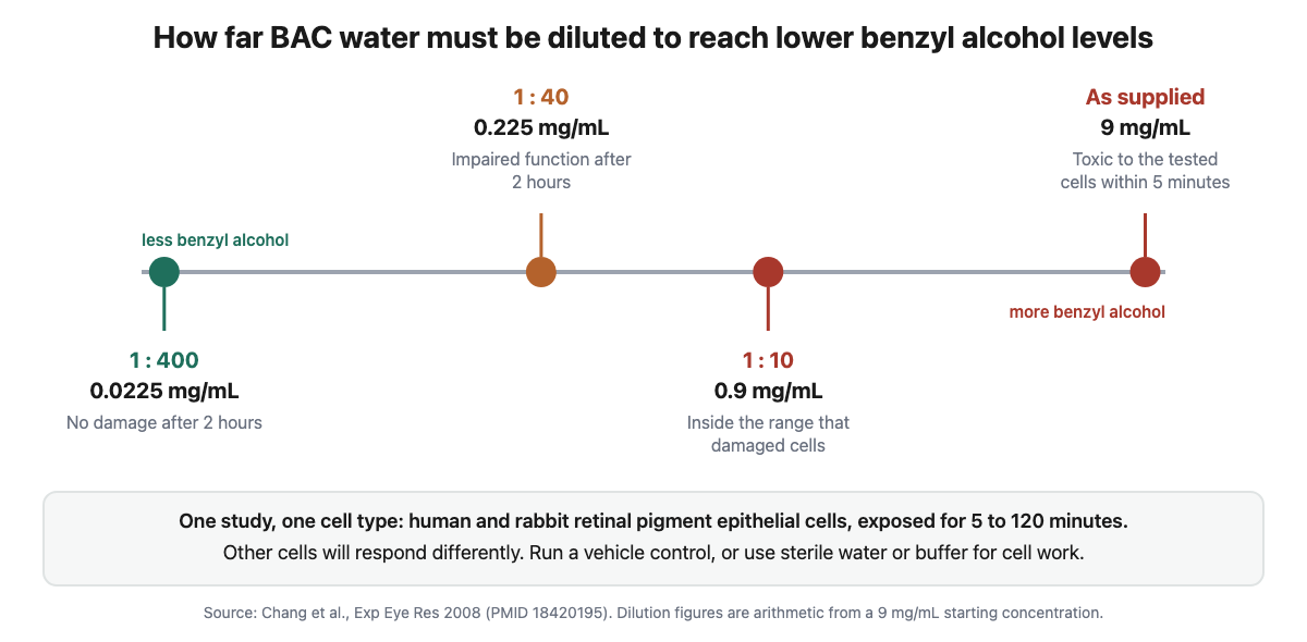 Number line showing benzyl alcohol at 9 mg per mL as supplied in bacteriostatic water, and at 1 to 10, 1 to 40 and 1 to 400 dilutions, with the effects seen in cultured retinal pigment epithelial cells in one study