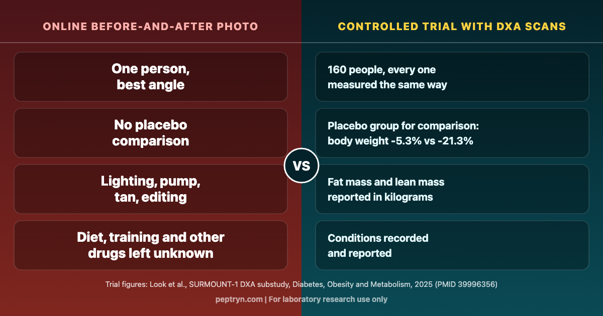 Comparison graphic: how before and after photos differ from controlled trial data, showing four differences between an online transformation photo and a DXA-measured placebo-controlled trial