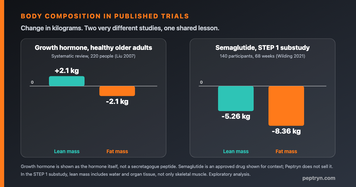 Bar chart comparing body composition changes in kilograms in two published studies: growth hormone in healthy older adults and semaglutide in the STEP 1 substudy