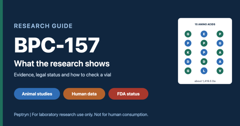BPC-157 research guide cover showing the 15-amino-acid sequence, with animal studies, human data and FDA status