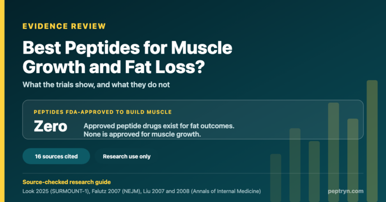 Best peptides for muscle growth and fat loss: evidence review hero graphic stating zero peptides are FDA-approved to build muscle