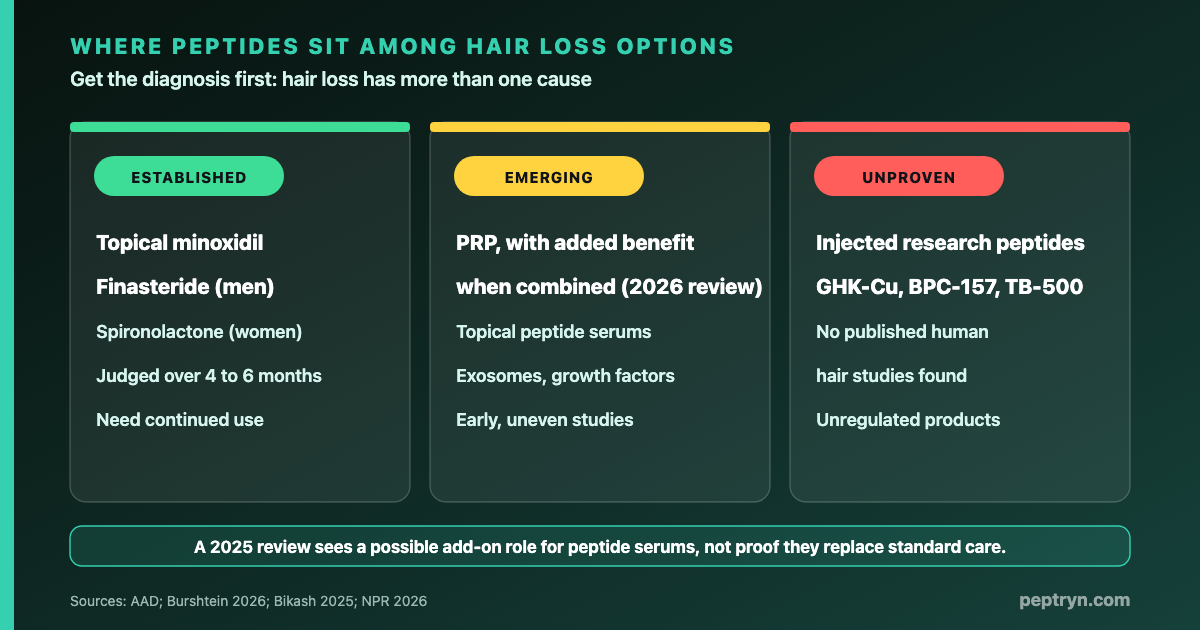 Where peptides sit among hair loss options: established medicines such as minoxidil, finasteride and spironolactone; emerging approaches such as PRP and topical peptide serums; and unproven injectable research peptides