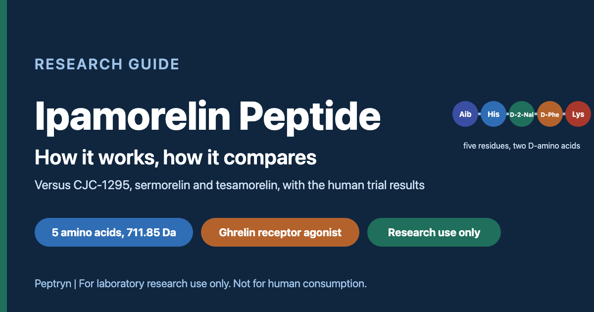 Ipamorelin peptide explained: a five amino acid ghrelin receptor agonist, compared with CJC-1295, sermorelin and tesamorelin, sold by Peptryn for research use only