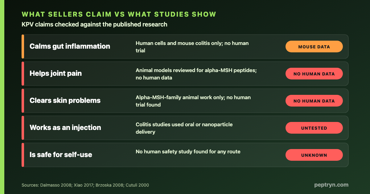 KPV claims checked against studies: gut inflammation supported only in mice, joint and skin claims have no human data, injection untested, safety unknown