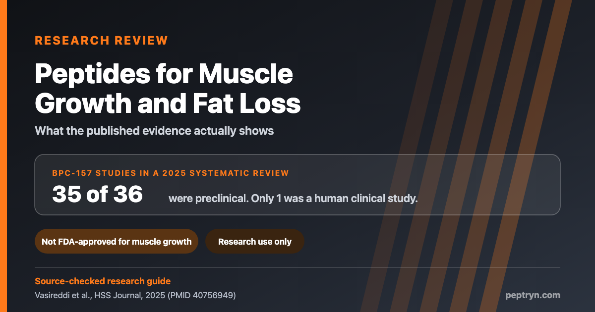 Peptides for muscle growth and fat loss: research review hero graphic showing 35 of 36 BPC-157 studies were preclinical