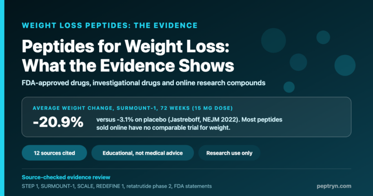 Peptides for weight loss: what the evidence shows. Tirzepatide 15 mg produced an average 20.9 percent weight change at 72 weeks in SURMOUNT-1 versus 3.1 percent on placebo