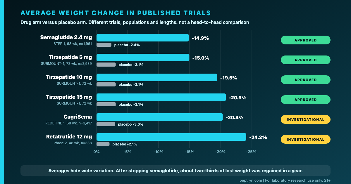 Bar chart of average weight change in phase 2 and phase 3 trials: semaglutide 14.9 percent, tirzepatide 15.0 to 20.9 percent, CagriSema 20.4 percent and retatrutide 24.2 percent, each compared with placebo