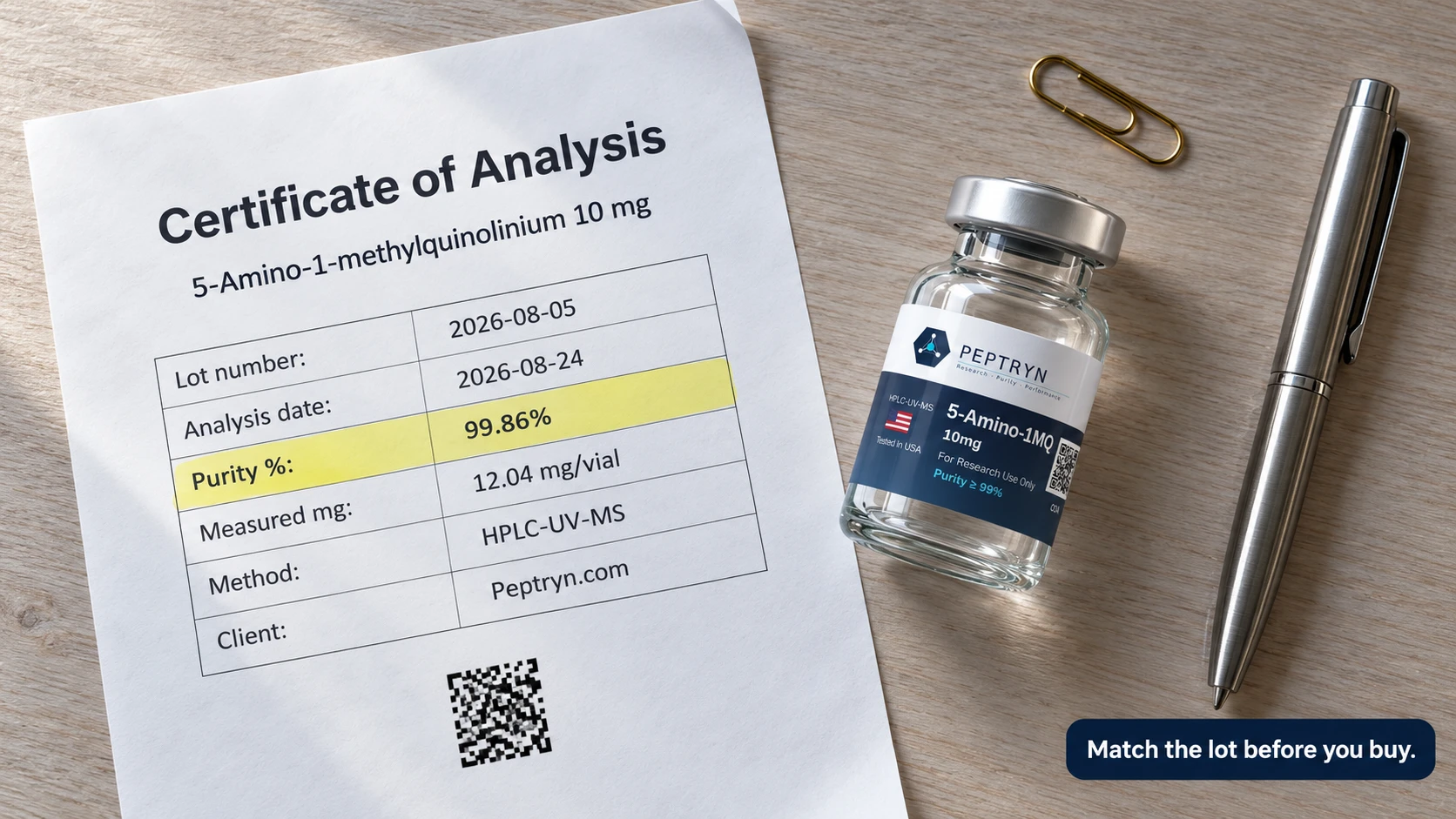 Printed certificate of analysis for 5-Amino-1-methylquinolinium 10 mg showing lot 2026-08-05, analysis date 2026-08-24, purity 99.86% and measured 12.04 mg per vial, beside a Peptryn vial, a paperclip and a pen