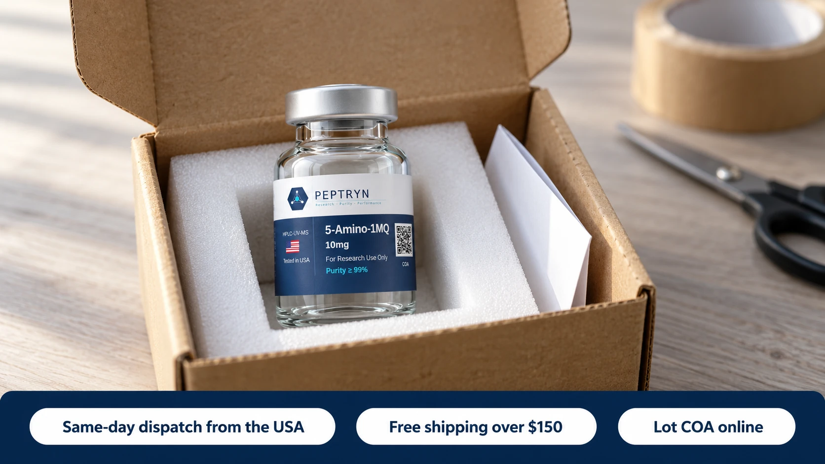 Open cardboard shipping carton holding a Peptryn 5-Amino-1MQ 10 mg vial in a foam insert, with chips for same-day dispatch from the USA, free shipping over $150 and lot COA online