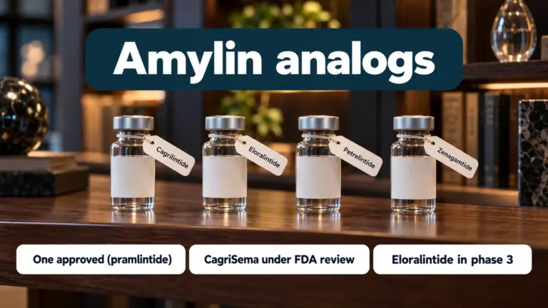 Amylin analogs: four research vials tagged cagrilintide, eloralintide, petrelintide and zenagamtide; one approved (pramlintide), CagriSema under FDA review, eloralintide in phase 3