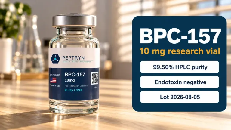 Peptryn BPC-157 10 mg research vial on a birch bench in striped window light beside a panel reading 99.50% HPLC purity, endotoxin negative, lot 2026-08-05
