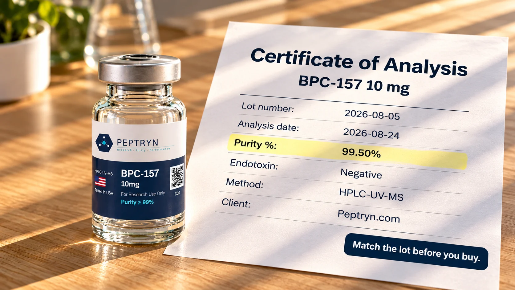Printed certificate of analysis for BPC-157 10 mg leaning on its vial, showing lot 2026-08-05, analysis date 2026-08-24, purity 99.50%, endotoxin negative, method HPLC-UV-MS