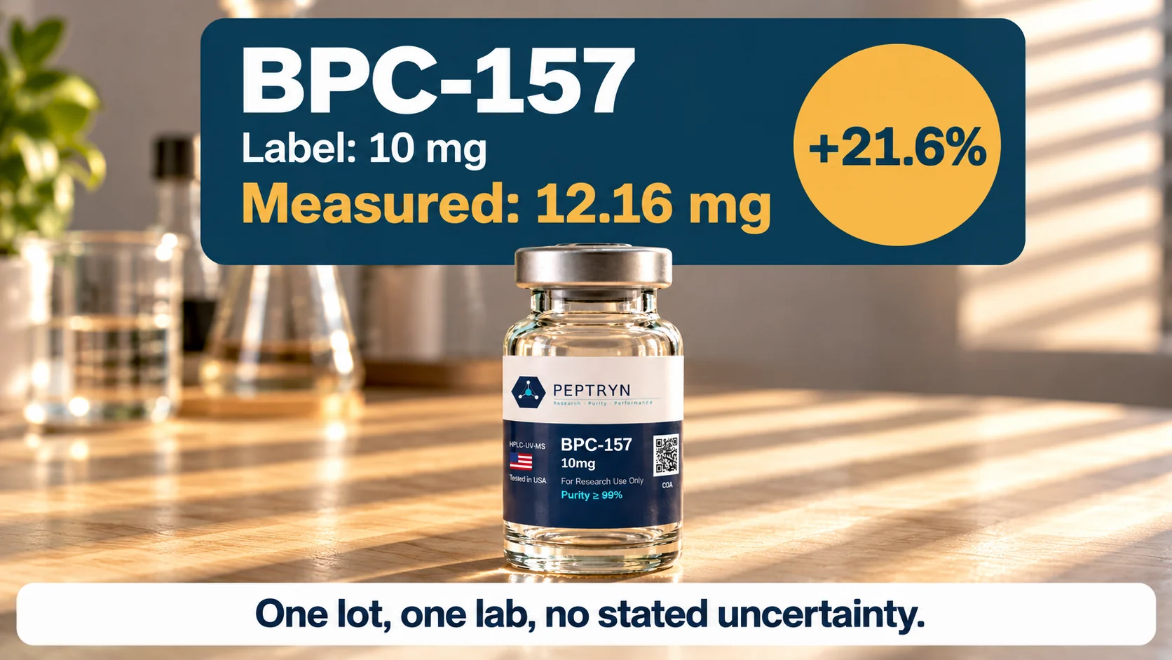 Number card comparing the 10 mg label with the lab-measured 12.16 mg of BPC-157 (+21.6%), one lot, one lab, no stated uncertainty