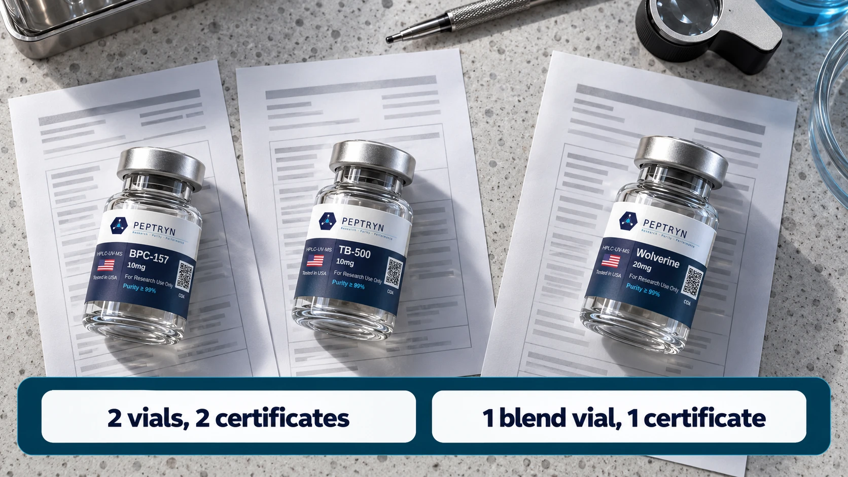 BPC-157 10 mg and TB-500 10 mg vials each on their own certificate beside a Wolverine 20 mg blend vial on one certificate: two vials with two certificates against one blend vial with one certificate