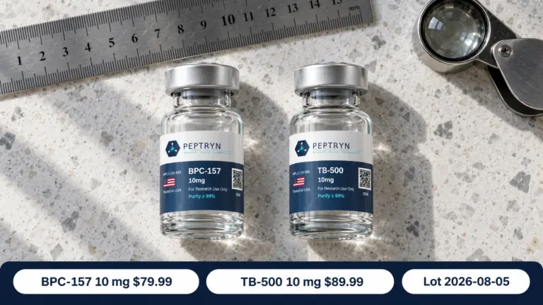 BPC-157 10 mg and TB-500 10 mg research vials on pale terrazzo beside a steel ruler and a loupe, with lot 2026-08-05 and prices of $79.99 and $89.99