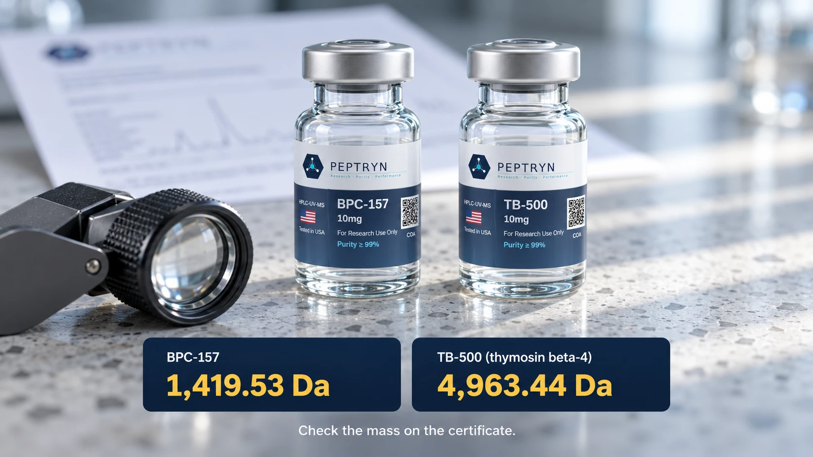 BPC-157 and TB-500 10 mg vials with cards showing the molecular weights 1,419.53 Da for BPC-157 and 4,963.44 Da for TB-500 (thymosin beta-4)