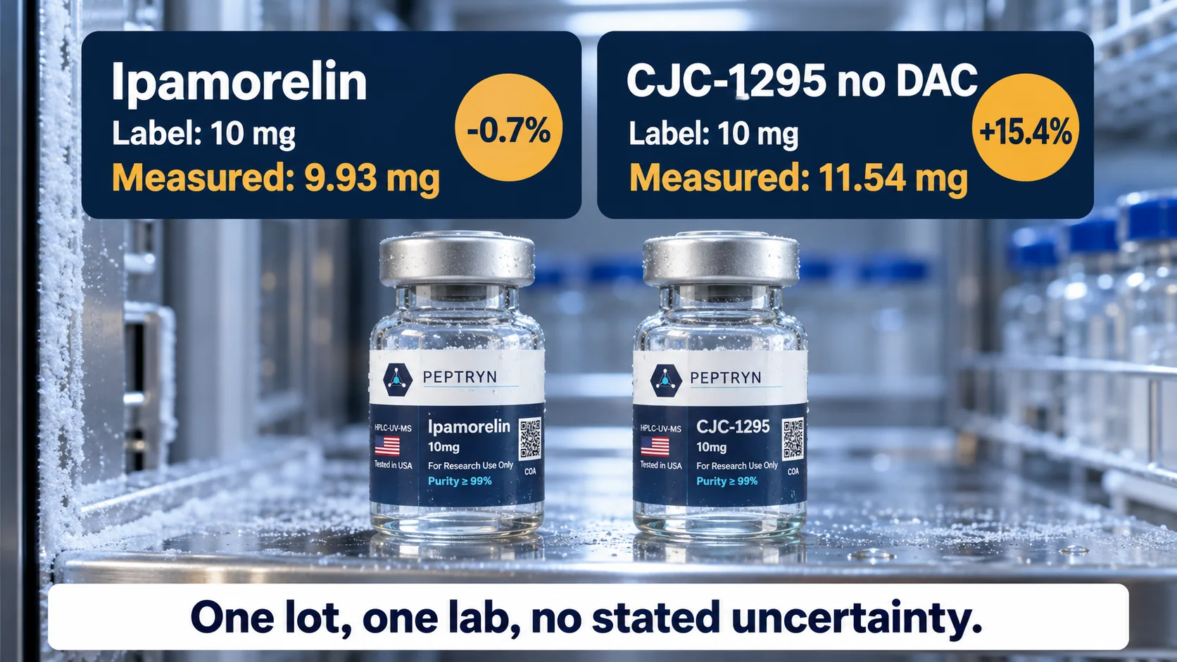 Number cards comparing the 10 mg label with the lab-measured amount: ipamorelin 9.93 mg (-0.7%) and CJC-1295 no DAC 11.54 mg (+15.4%), one lot, one lab, no stated uncertainty