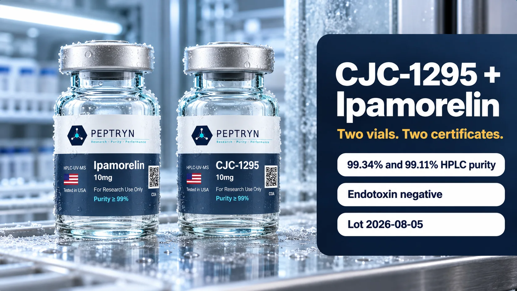 Peptryn ipamorelin and CJC-1295 10 mg research vials on a frosted steel shelf beside a panel reading two vials, two certificates, 99.34% and 99.11% HPLC purity, endotoxin negative, lot 2026-08-05