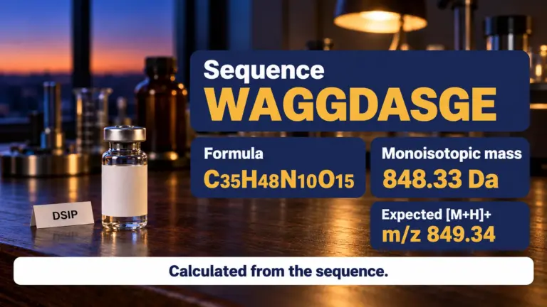 DSIP sequence WAGGDASGE, formula C35H48N10O15, monoisotopic mass 848.33 Da and expected ion m/z 849.34