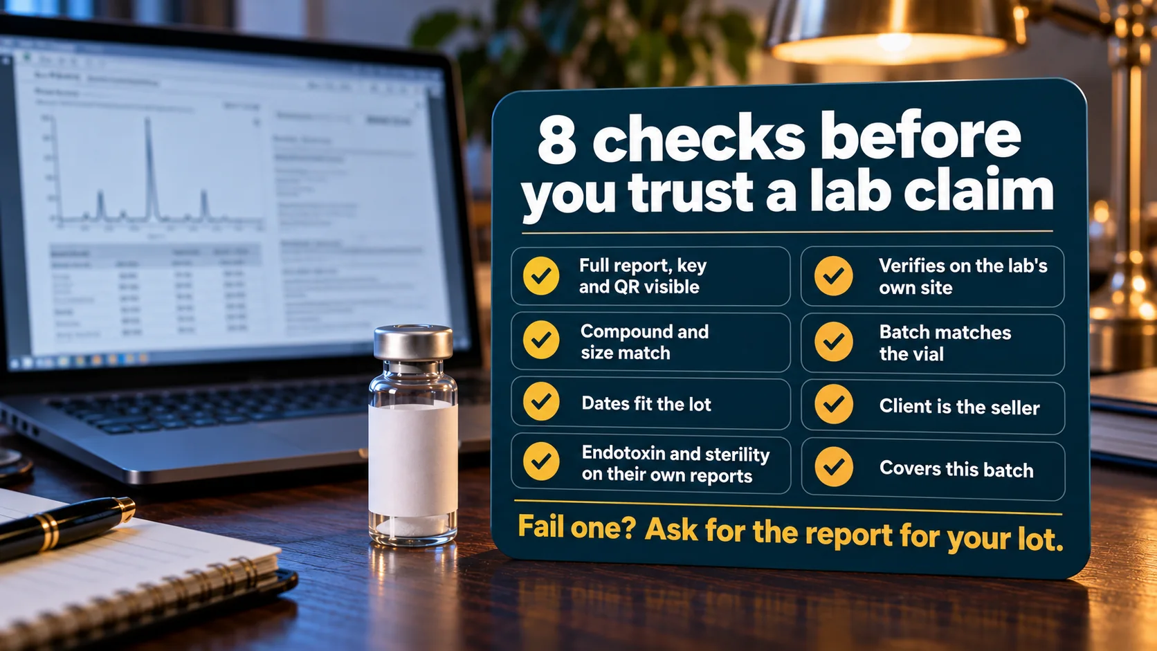 Eight checks before trusting a Janoshik tested claim: full report with key and QR, verification on the lab site, compound and size, batch, dates, client, separate endotoxin and sterility reports, and batch coverage