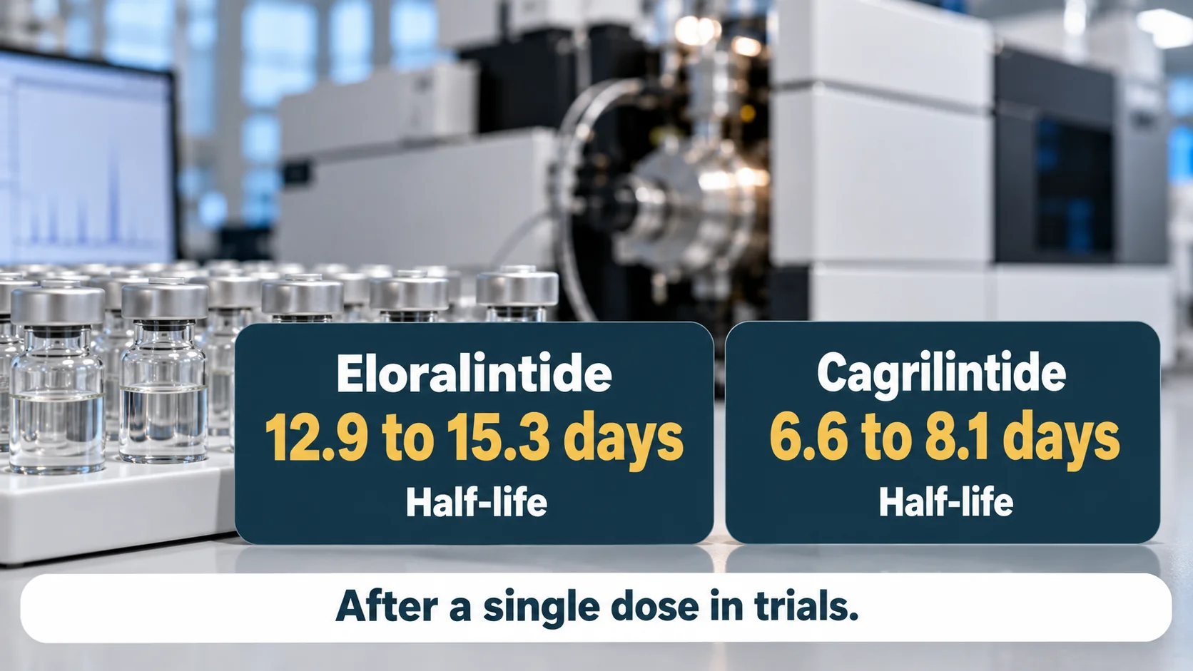 Half-life after a single dose in trials: eloralintide 12.9 to 15.3 days versus cagrilintide 6.6 to 8.1 days