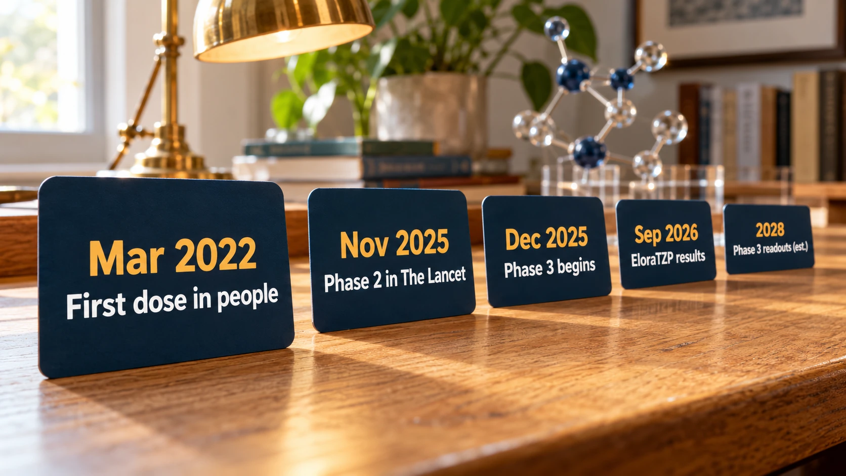 Eloralintide development timeline: first dose in people March 2022, phase 2 in The Lancet November 2025, phase 3 begins December 2025, EloraTZP results September 2026, phase 3 readouts 2028 (estimated)