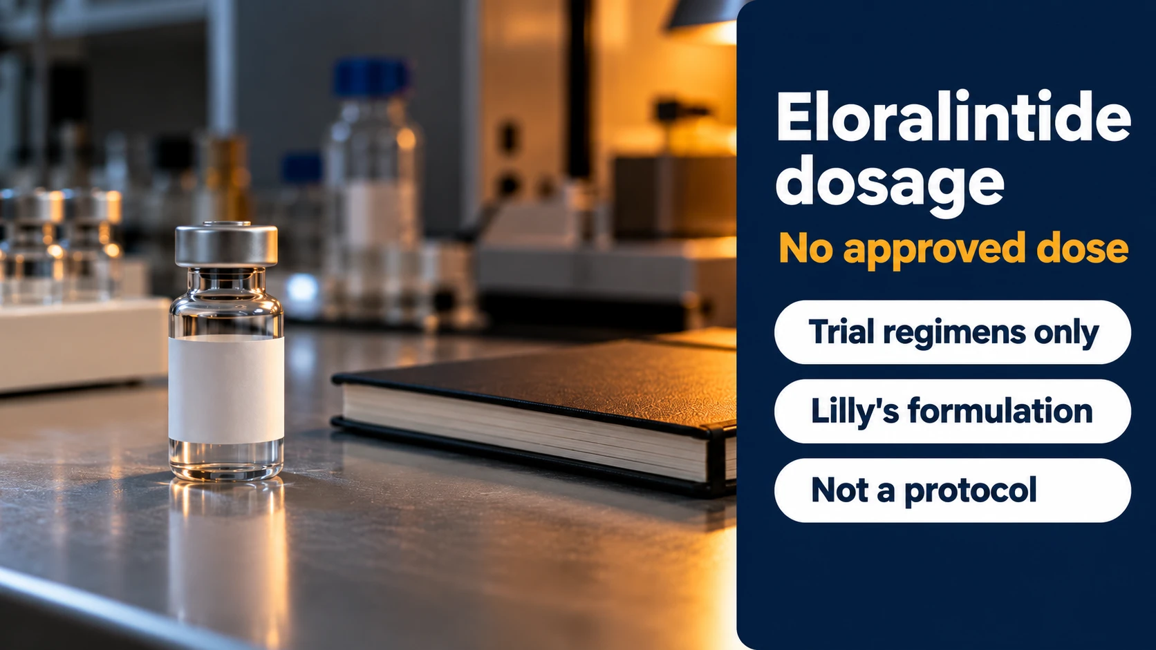 Eloralintide dosage: no approved dose; trial regimens only, Lilly's formulation, not a protocol, beside a plain research vial