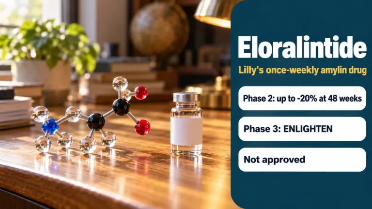 Eloralintide, Lilly's once-weekly amylin drug: a molecular model and a plain research vial beside a panel reading phase 2 up to -20% at 48 weeks, phase 3 ENLIGHTEN, not approved
