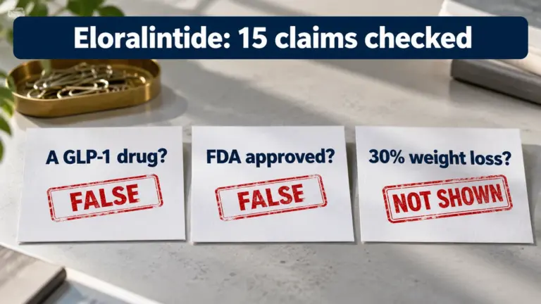 Eloralintide, 15 claims checked: a GLP-1 drug? False. FDA approved? False. 30% weight loss? Not shown