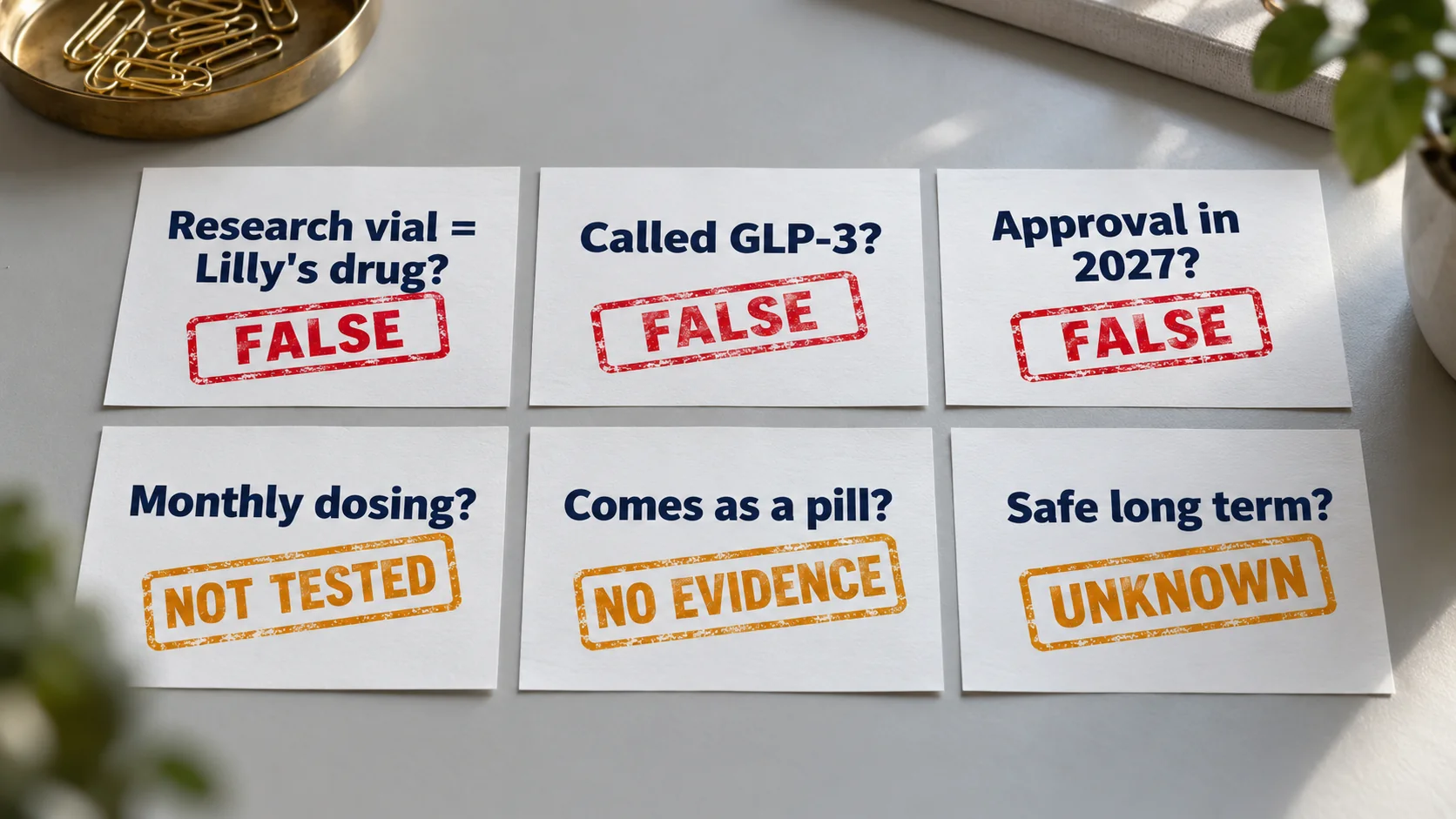 Six eloralintide claims checked: research vial equals Lilly's drug (false), called GLP-3 (false), approval in 2027 (false), monthly dosing (not tested), comes as a pill (no evidence), safe long term (unknown)
