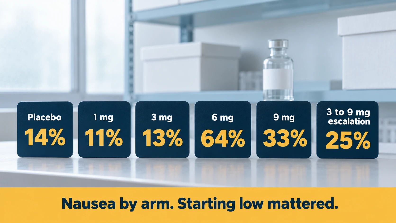 Nausea by eloralintide dose arm in phase 2: placebo 14%, 1 mg 11%, 3 mg 13%, 6 mg 64%, 9 mg 33%, 3 to 9 mg escalation 25%