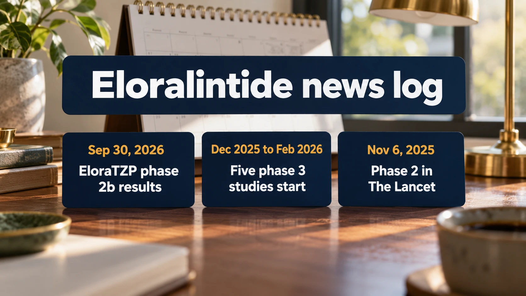 Eloralintide news log: phase 2 in The Lancet Nov 6, 2025; five phase 3 studies start Dec 2025 to Feb 2026; EloraTZP phase 2b results Sep 30, 2026