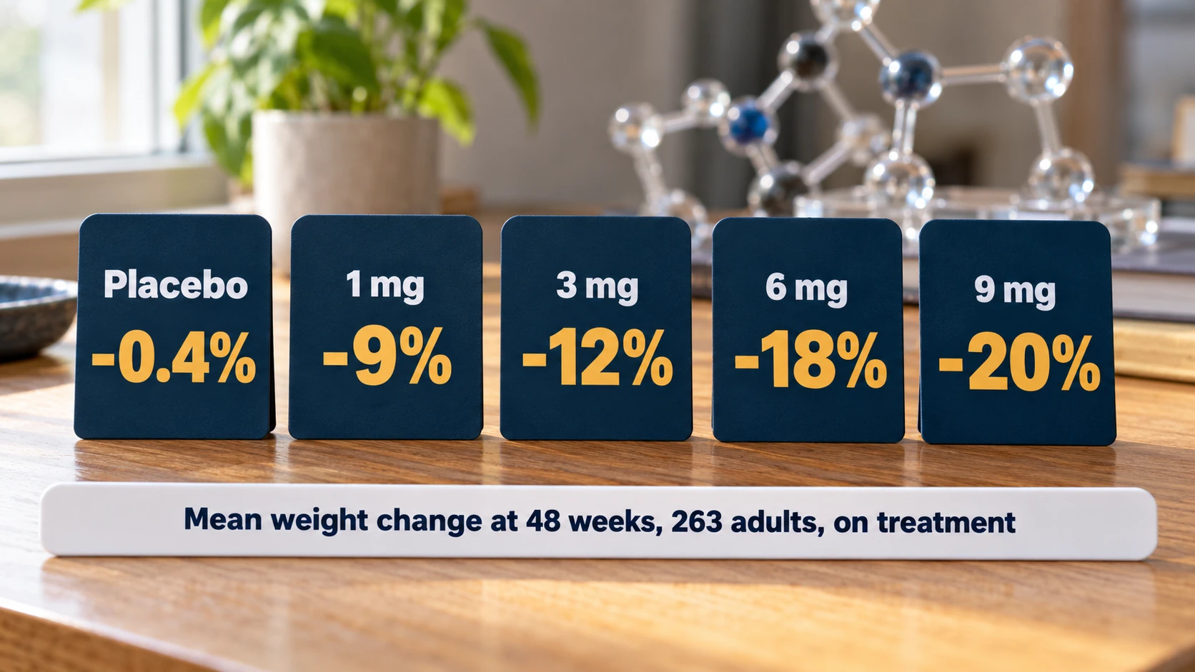 Eloralintide phase 2 mean weight change at 48 weeks in 263 adults, on treatment: placebo -0.4%, 1 mg -9%, 3 mg -12%, 6 mg -18%, 9 mg -20%