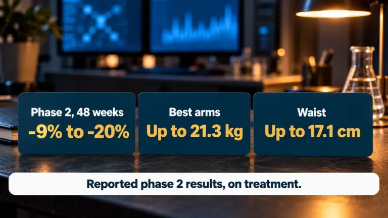 Eloralintide reported phase 2 results on treatment at 48 weeks: weight change -9% to -20%, best arms up to 21.3 kg lost, waist down by up to 17.1 cm
