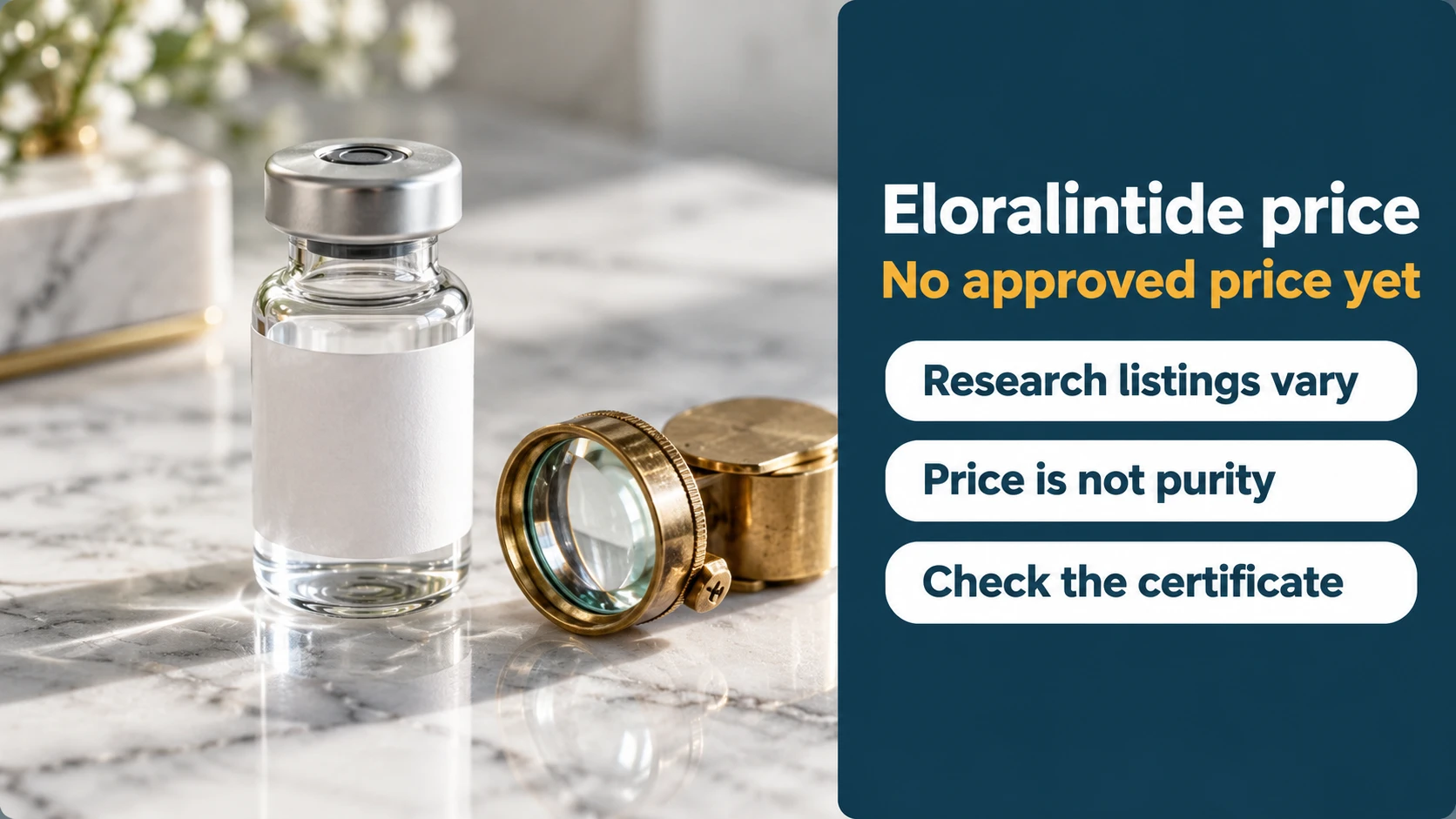 Eloralintide price: no approved price yet; research listings vary, price is not purity, check the certificate