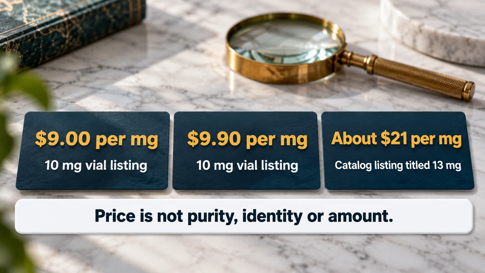 Eloralintide research listing prices per mg on October 15, 2026: $9.00 and $9.90 for 10 mg vials and about $21 for a catalog listing titled 13 mg; price is not purity, identity or amount