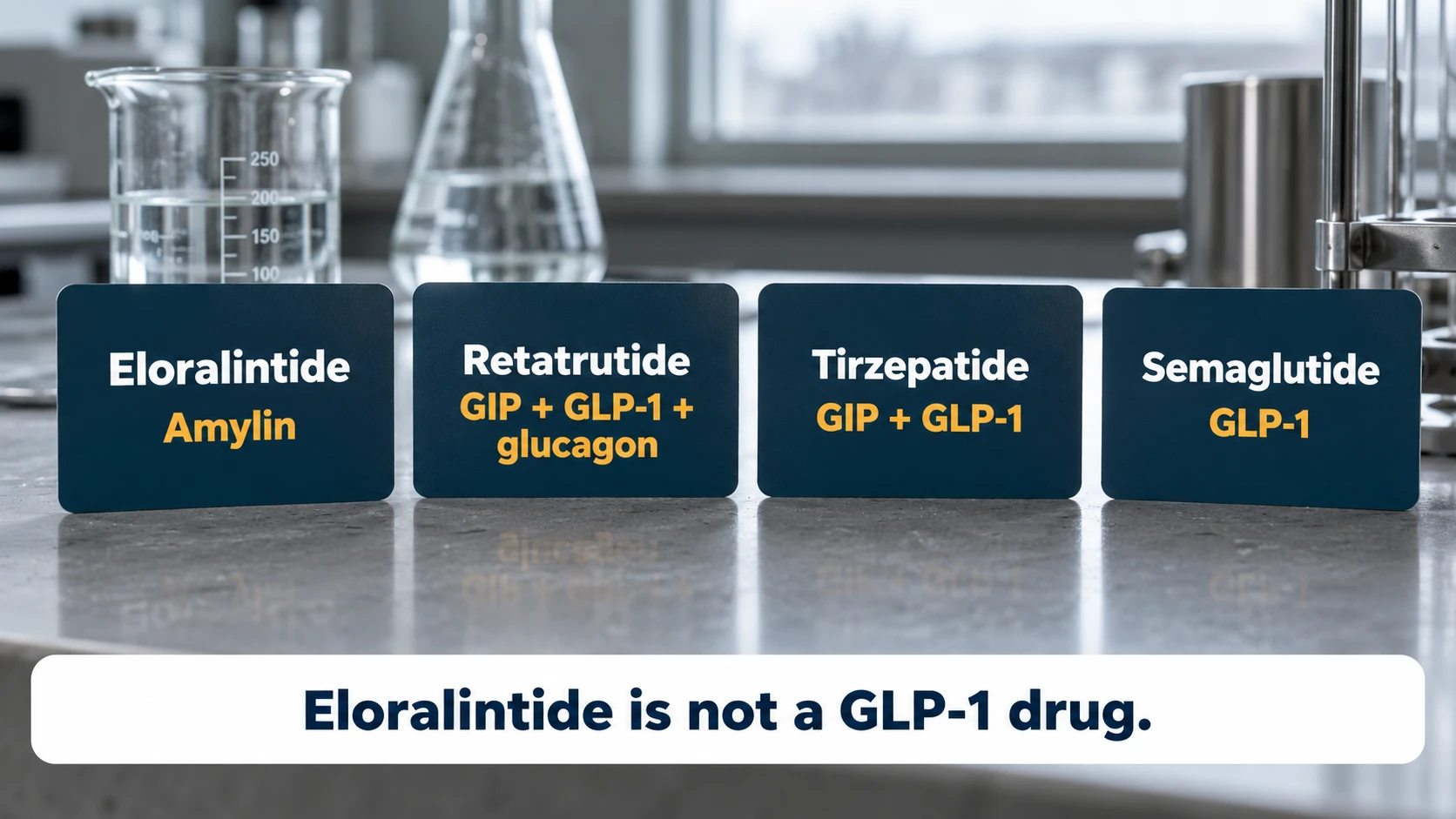 Mechanisms compared: eloralintide acts on amylin, retatrutide on GIP, GLP-1 and glucagon, tirzepatide on GIP and GLP-1, semaglutide on GLP-1; eloralintide is not a GLP-1 drug