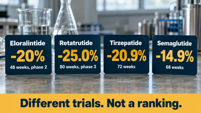 Weight change in separate trials: eloralintide -20% at 48 weeks (phase 2), retatrutide -25.0% at 80 weeks (phase 3), tirzepatide -20.9% at 72 weeks, semaglutide -14.9% at 68 weeks; not a ranking