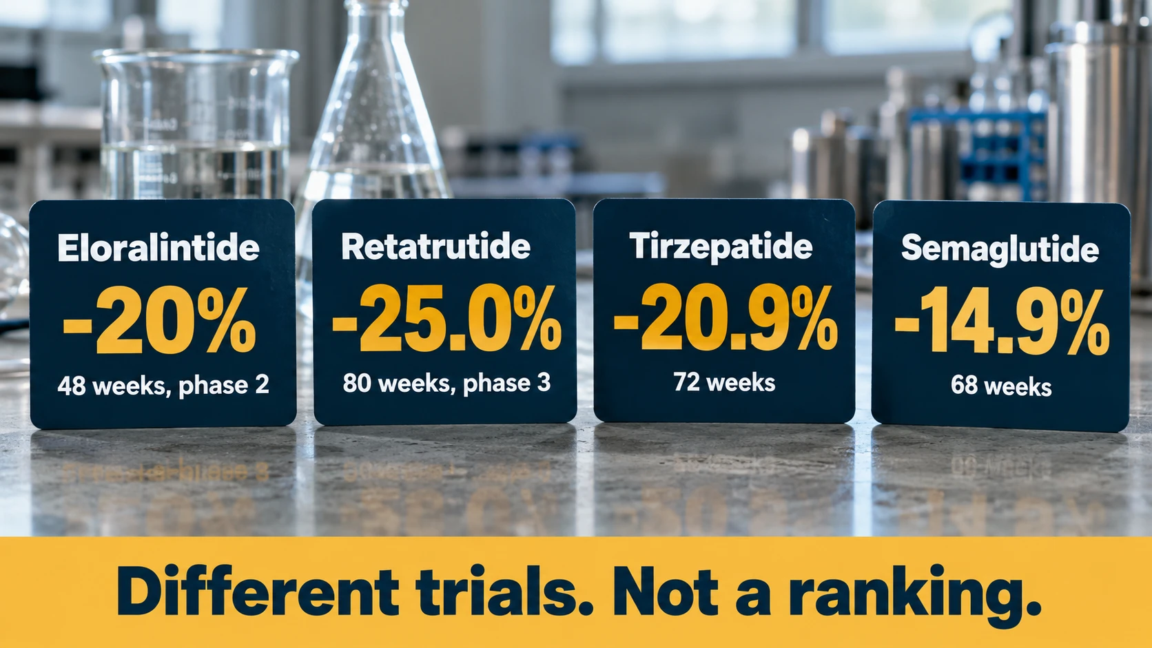Weight change in separate trials: eloralintide -20% at 48 weeks (phase 2), retatrutide -25.0% at 80 weeks (phase 3), tirzepatide -20.9% at 72 weeks, semaglutide -14.9% at 68 weeks; not a ranking