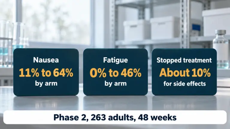 Eloralintide phase 2 side effects: nausea 11% to 64% by arm, fatigue 0% to 46% by arm, about 10% stopped treatment for side effects, 263 adults over 48 weeks