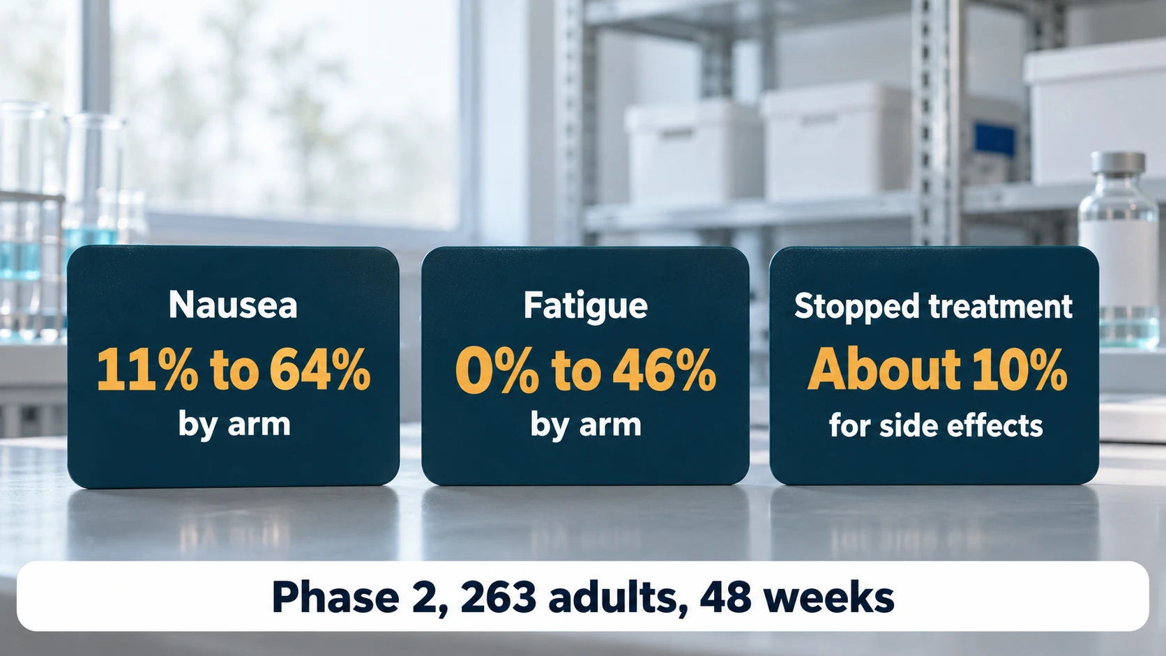 Eloralintide phase 2 side effects: nausea 11% to 64% by arm, fatigue 0% to 46% by arm, about 10% stopped treatment for side effects, 263 adults over 48 weeks
