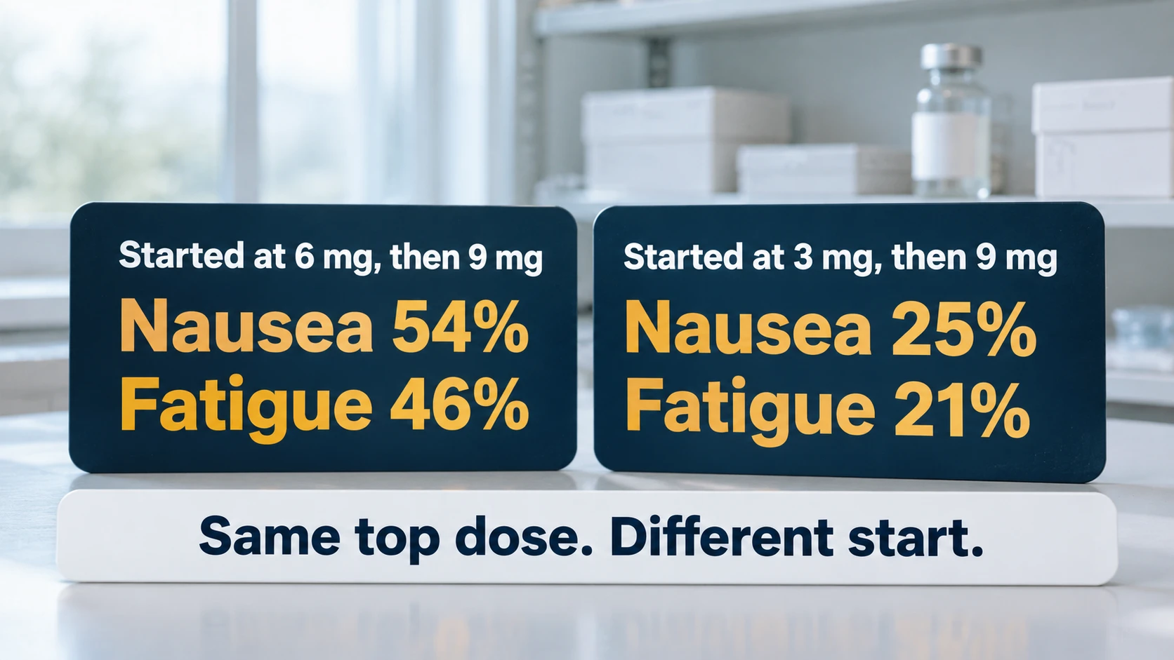 Same 9 mg top dose, different start: starting at 6 mg gave nausea 54% and fatigue 46%; starting at 3 mg gave nausea 25% and fatigue 21%