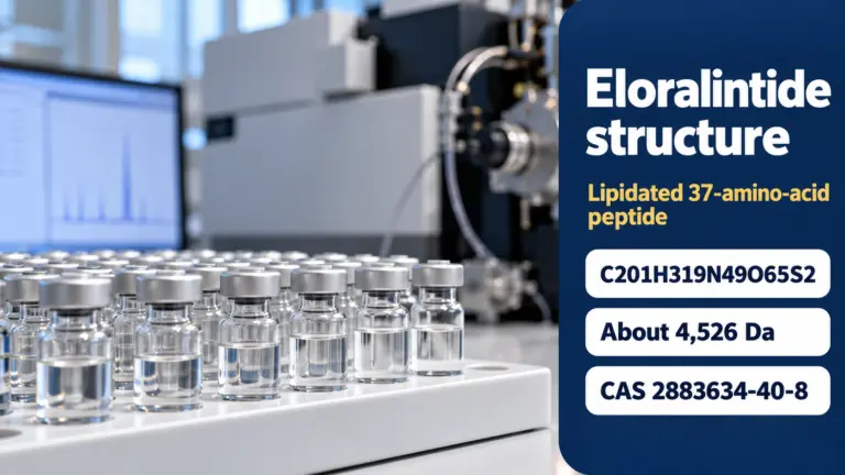Eloralintide structure: a lipidated 37-amino-acid peptide, formula C201H319N49O65S2, about 4,526 Da, CAS 2883634-40-8