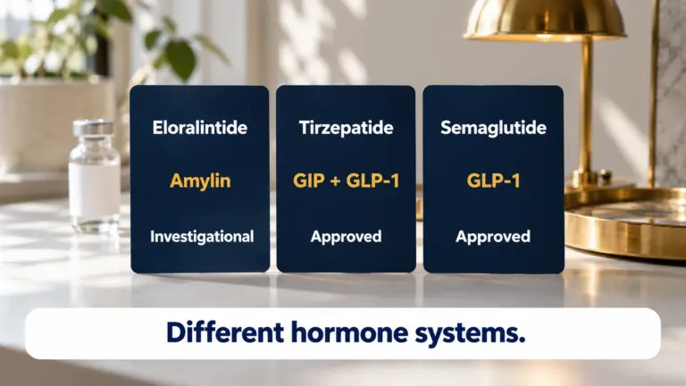 Eloralintide acts on amylin and is investigational; tirzepatide acts on GIP and GLP-1 and is approved; semaglutide acts on GLP-1 and is approved: different hormone systems