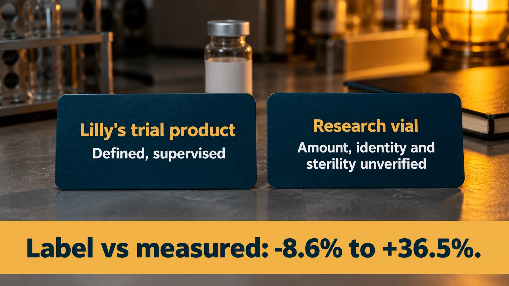 Lilly's trial product is defined and supervised; a research vial's amount, identity and sterility are unverified; label versus measured content ranged from -8.6% to +36.5%