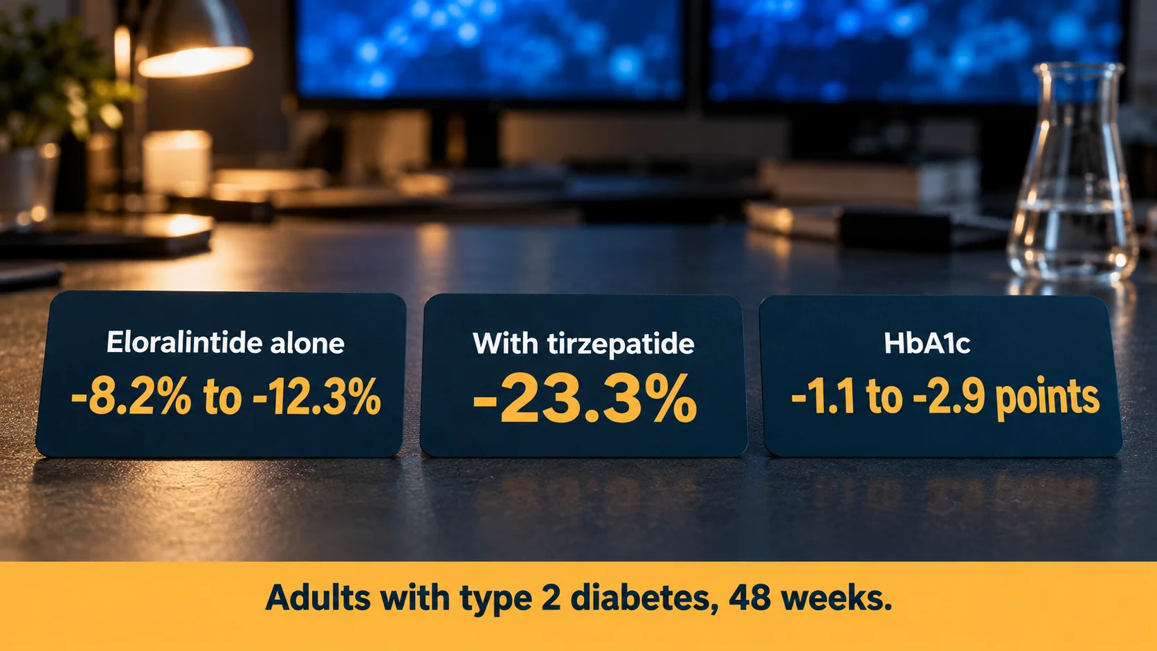 Eloralintide alone -8.2% to -12.3%, with tirzepatide -23.3% and HbA1c -1.1 to -2.9 points in adults with type 2 diabetes over 48 weeks (phase 2b)