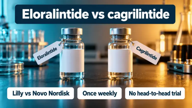 Eloralintide vs cagrilintide: two labeled research vials, Lilly versus Novo Nordisk, once weekly, no head-to-head trial
