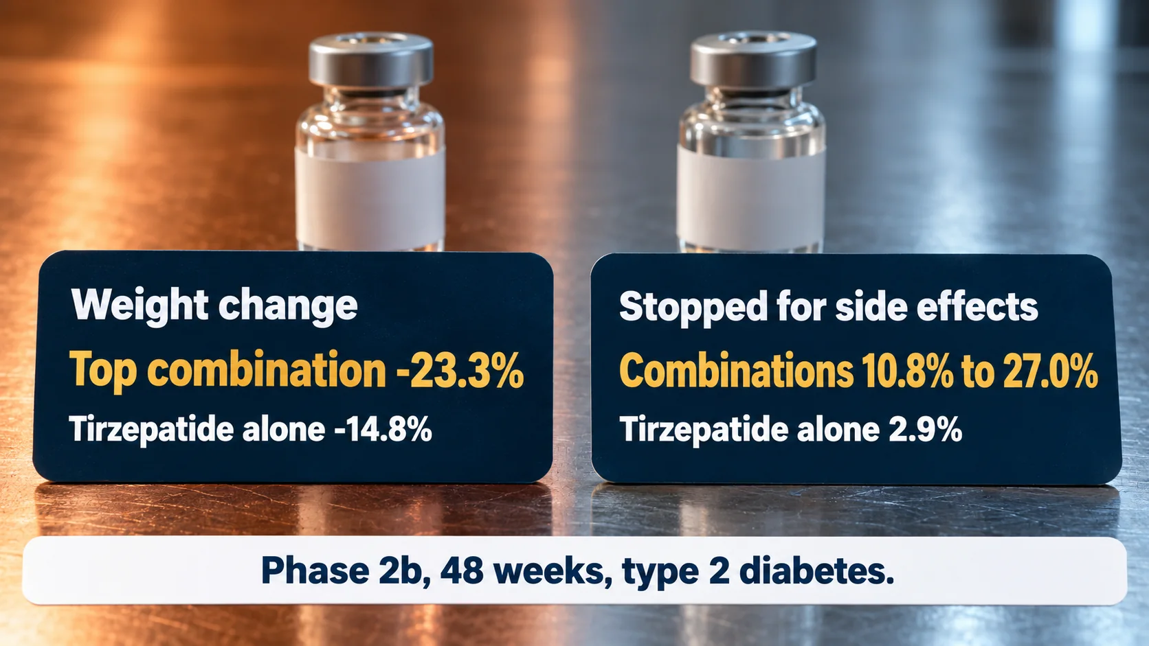 EloraTZP phase 2b at 48 weeks in type 2 diabetes: weight change -23.3% with the top eloralintide plus tirzepatide combination versus -14.8% for tirzepatide alone; stopped for side effects 10.8% to 27.0% in the combinations versus 2.9% for tirzepatide alone