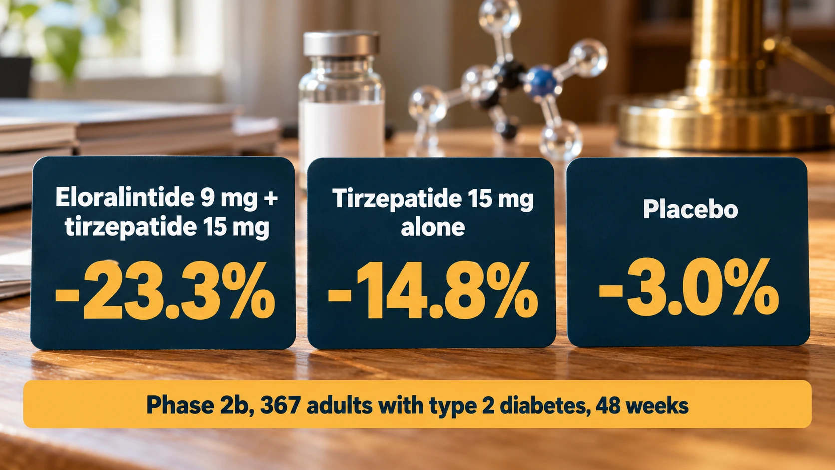 EloraTZP phase 2b weight change at 48 weeks in 367 adults with type 2 diabetes: eloralintide 9 mg plus tirzepatide 15 mg -23.3%, tirzepatide 15 mg alone -14.8%, placebo -3.0%